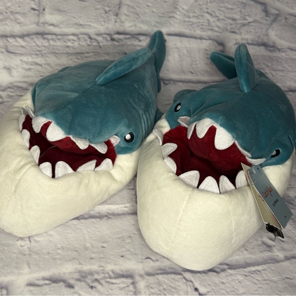 Target Shark Kids Slippers - Teal and White